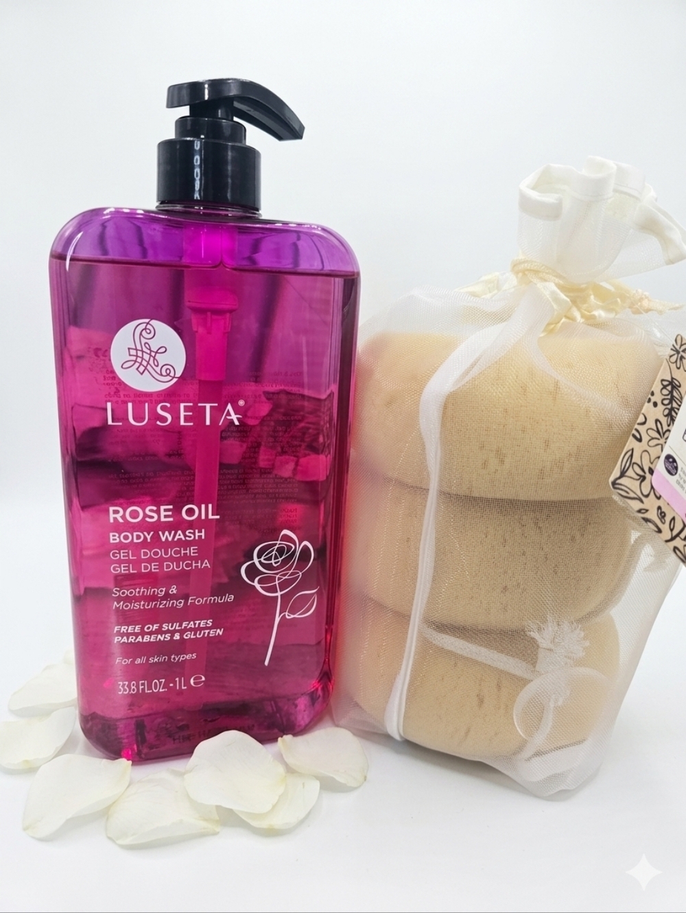 Luseta Rose Oil Body Wash & Set Of 3 Large Bath Sponges